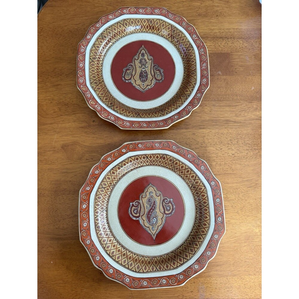 Set of 2 Vintage Oriental Accent Decorative China Ceramic Gilded Embossed Plate